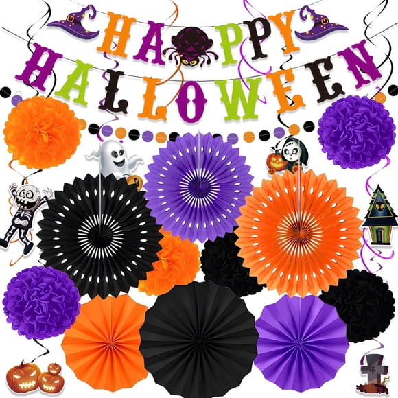Ensemble de Décorations pour Fête d'Halloween, Bannière « Happy Halloween », Éventails en Papier, Pompons en Papier de Soie et Tourbillons Suspendus avec Découpes de Citrouille et de Fantôme pour Fournitures de Fête d'Halloween