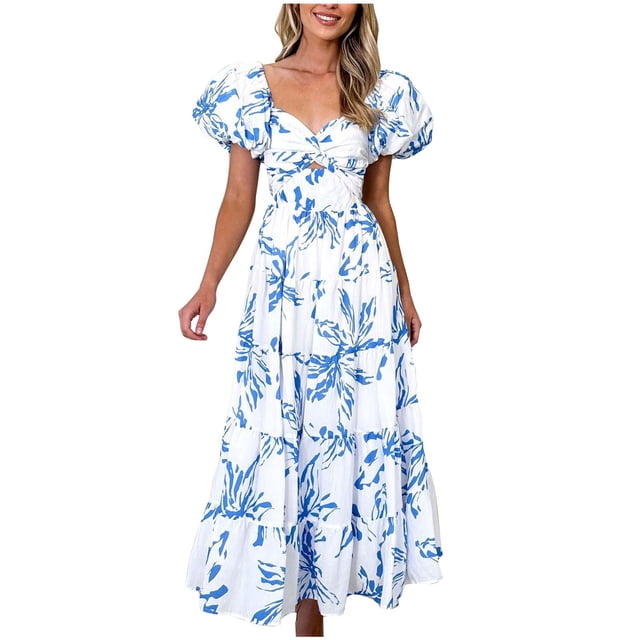 Pisexur Robes pour Femmes à Épaules Dénudées, Robe Maxi à Imprimé Floral, Robes de Bal Sans Bretelles, Tunique à Torsade devant, Robe Soleil, Ourlet à Volants, Robe Cocktail Fluide à Étages, Robe Longue d'Été Décontractée Bohème Formelle