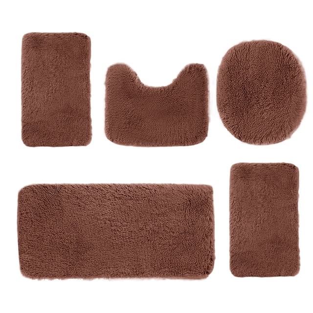 zanvin Solid Color Bath Mats 5 Set Bathroom Rugs, featuring five pieces in a dark brown color. Includes a 15.7x14.9-inch toilet mat, a 31.5x15.7-inch bath mat, a 23.6x15.7-inch square bath floor mat, a 19.6x15.7-inch toilet cover, and an additional mat. Made of velvet fleece with memory foam for softness and water absorption. Non-slip backing ensures safety, and the mats are machine washable and quick-drying. Suitable for modern bathroom decor.