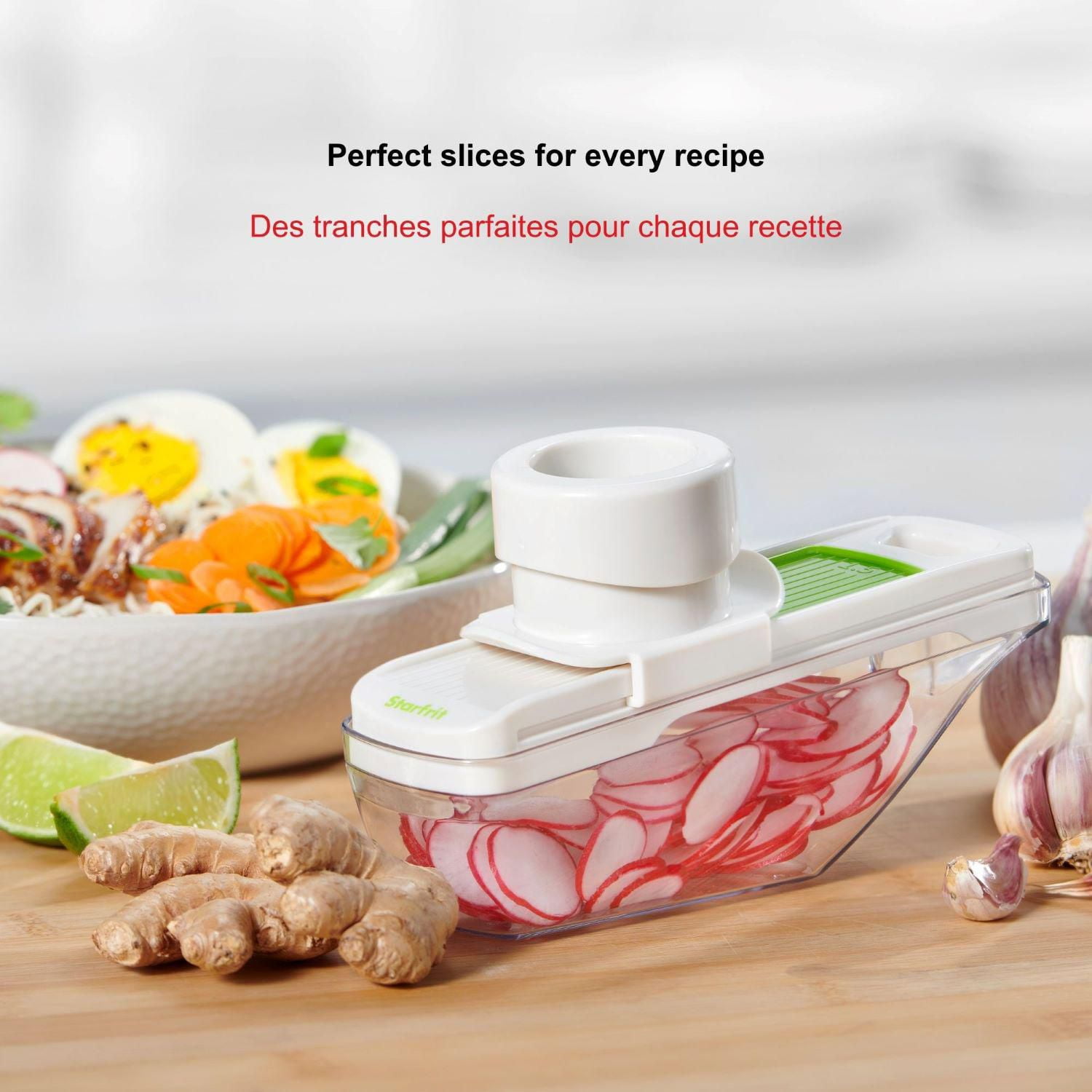 Starfrit Precision Slicer - Compact Mandoline - Perfect for Garlic & Ginger - 2 Thicknesses - Self Feeding Pusher - Food Container