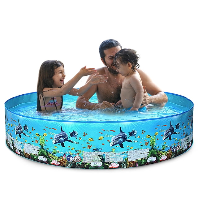 Portable inflation-free hard plastic swimming pool with a round design, featuring a vibrant blue PVC exterior with colorful underwater-themed patterns, including dolphins and coral. The pool is shown in use by a family, highlighting its suitability for babies, kids, and teenagers. This folding pool is available in multiple sizes, with capacities ranging from 74 to 120 gallons, and does not require inflation for setup. Ideal for outdoor summer activities.