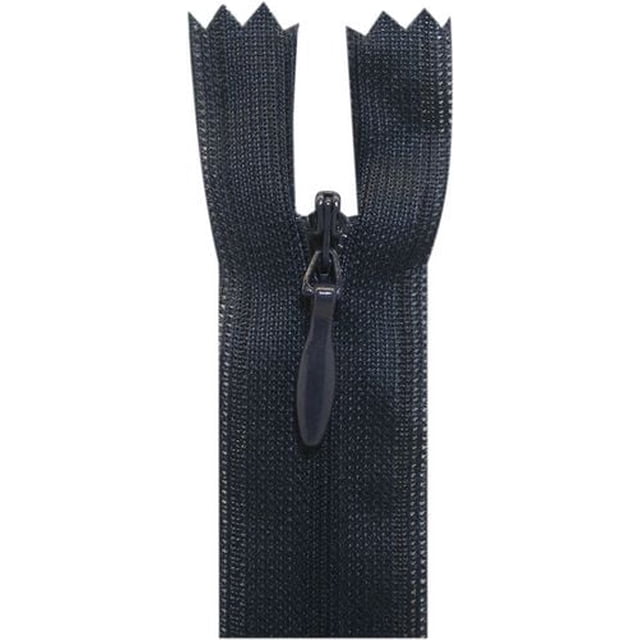 Costumakers Invisible Zipper 55 cm (22), Navy, Closed End showing a close-up of a navy nylon coil sewing fastener with a closed end and matching pull tab, designed for tailoring and formalwear, also suitable for discreet repairs on skirts and dresses.