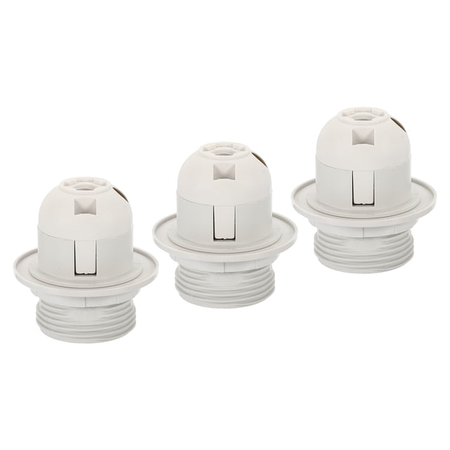 Unique Bargains E26/E27 Screw Thread 24mm Light Socket Retro LED Bulb Lamp Holder White 3 Pack. The image displays three white light sockets with a screw-on base, designed for E26/E27 bulbs. Each socket has a 24mm external thread height, a 10mm mounting hole diameter, and is constructed from heat-resistant plastic and copper. These sockets are CE certified, corrosion-resistant, and suitable for desk lamps, bed lamps, dining-room lamps, and more. They can also be used with lamp shades.