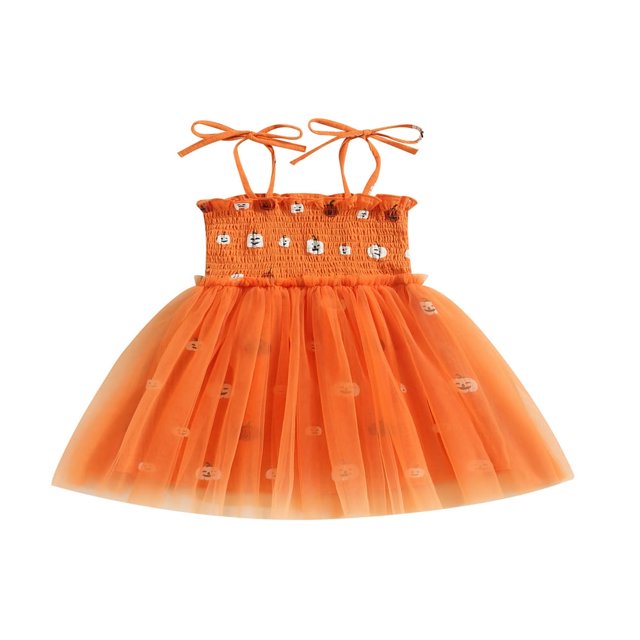 Robe d'Halloween pour Bébé Fille Imprimé Citrouille Sans Manches en Tulle Robe Trapèze