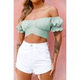 thumbnail image 1 of Women's Ruffle Short Sleeve Tie Up Back Crop Top Off Shoulder Bardot Blouse,Mint Green,M, 1 of 7