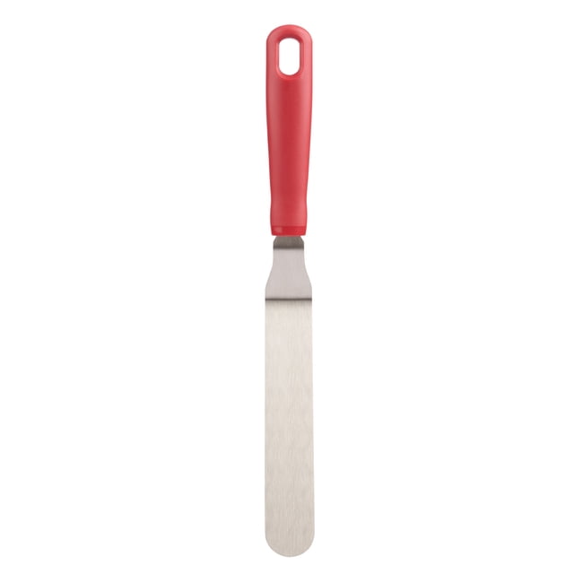 Holiday Time Stainless Steel Icing Spatula, Red with a flexible 18/0 stainless steel blade and red ergonomic handle with hanging hole, designed for spreading icing, loosening baked goods, and versatile kitchen baking tasks.