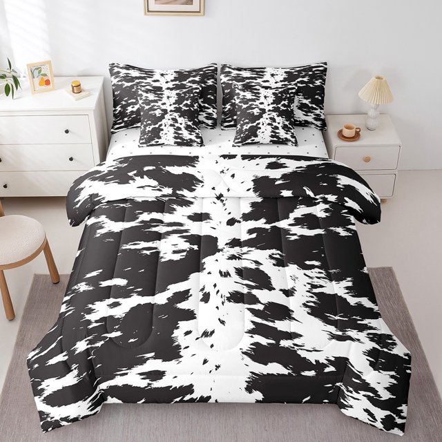 YST 7Pcs Cowhide Comforter Sets Queen Size, Black And White Cow Print Pattern Comforter Set Bed In A Bag(1 Comforter, 1 Flat Sheet 1 Fitted Sheet 2 Pillowcases And 2 Throw Pillow Covers)