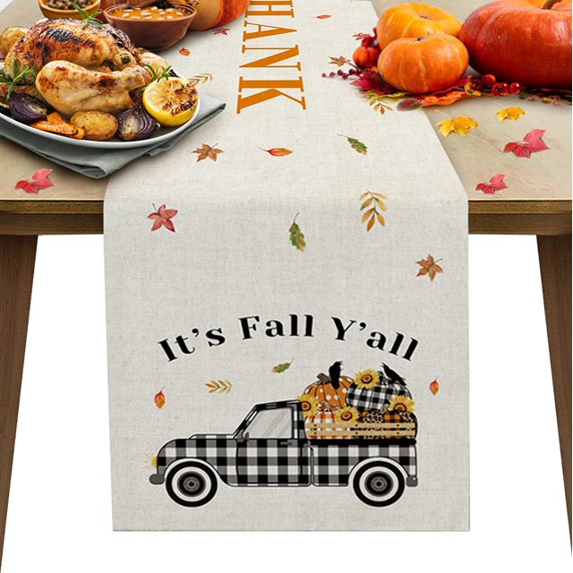 It's Fall Y'all Table Runners 120 Inches Long Washable Pumpkin Truck Thanksgiving Table Runner for Round Table Kitchen Coffee Dining End Table Living Room Use
