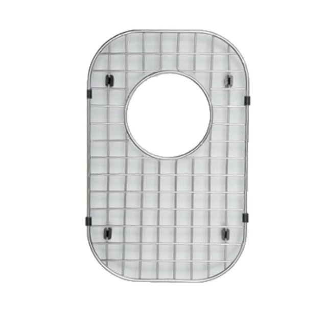 American Imaginations 10.38-in. W Kitchen Sink Grid AI-34850 in chrome finish, an oval stainless steel grid with a central round cutout and black rubber feet for sink protection, designed for drop-in installation and suitable for organizing dishes and preventing scratches.