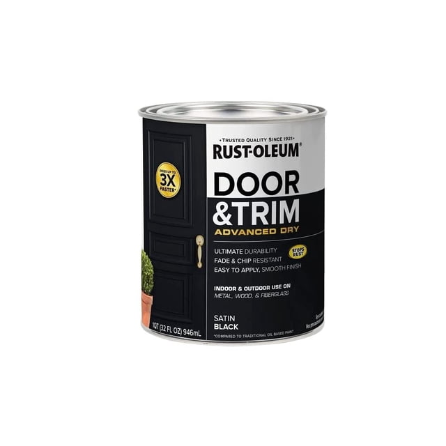 Rust-Oleum 369383 Advanced Dry Door & Trim Paint in a quart-sized can, featuring a satin black finish. Designed for indoor and outdoor use on metal, wood, and fiberglass surfaces, this water-based paint offers ultimate durability, fade and chip resistance, and a smooth finish. The can highlights its quick-drying formula, drying up to 3 times faster than traditional oil-based paints. Ideal for refreshing doors and trim with a modern, long-lasting look.