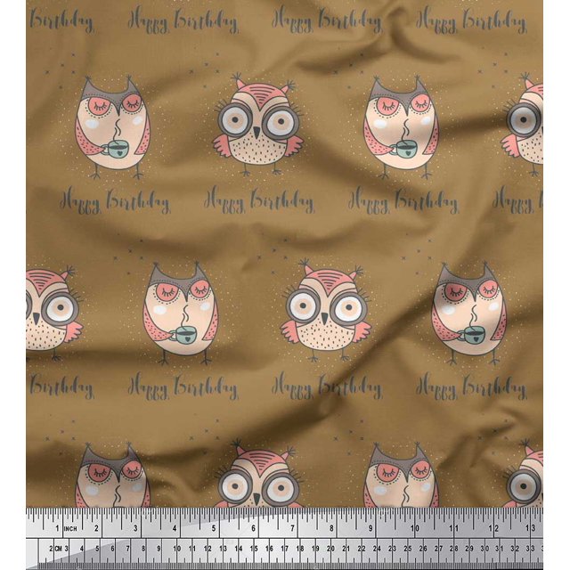 Soimoi Brown Poly Georgette Fabric Owl Bird Print Sewing Fabric Yard 42 Inch Wide