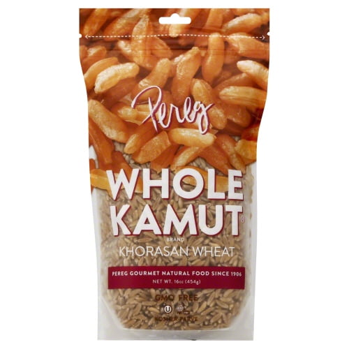 Whole Kamut Khorasan Wheat by Pereg in a 454g resealable clear plastic bag showing light brown whole grains under an orange wheat graphic, ideal for natural cooking and baking as a GMO-free grain.