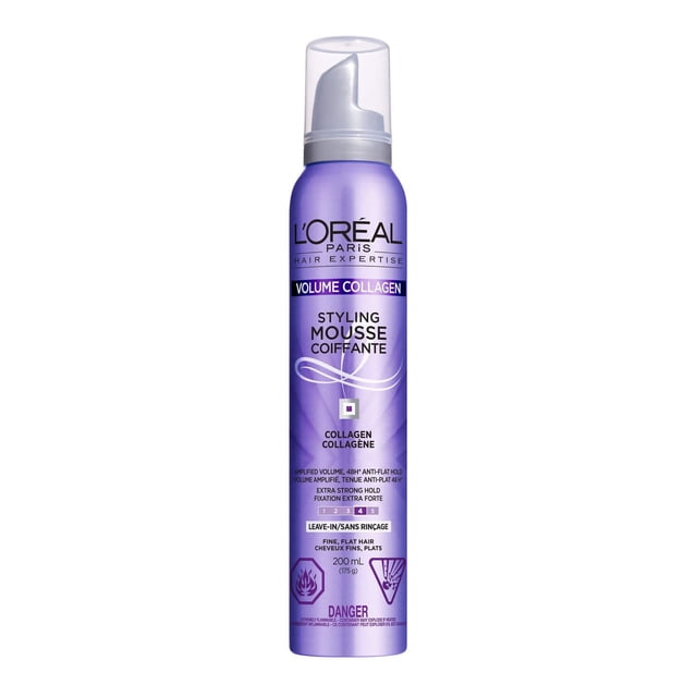 L'Oréal Paris Volume Collagen Mousse Coiffante 200 ml en Bouteille Violette avec Bouchon à Pompe Transparent, Conçue pour les Cheveux Fins et Plats afin d'Accroître le Volume avec une Formule Enrichie en Collagène et Offrant une Tenue Anti-Plat de 48 Heures et un Pouvoir de Fixation extra Fort, Idéale pour Texturiser les Cheveux à Partir de la Racine.