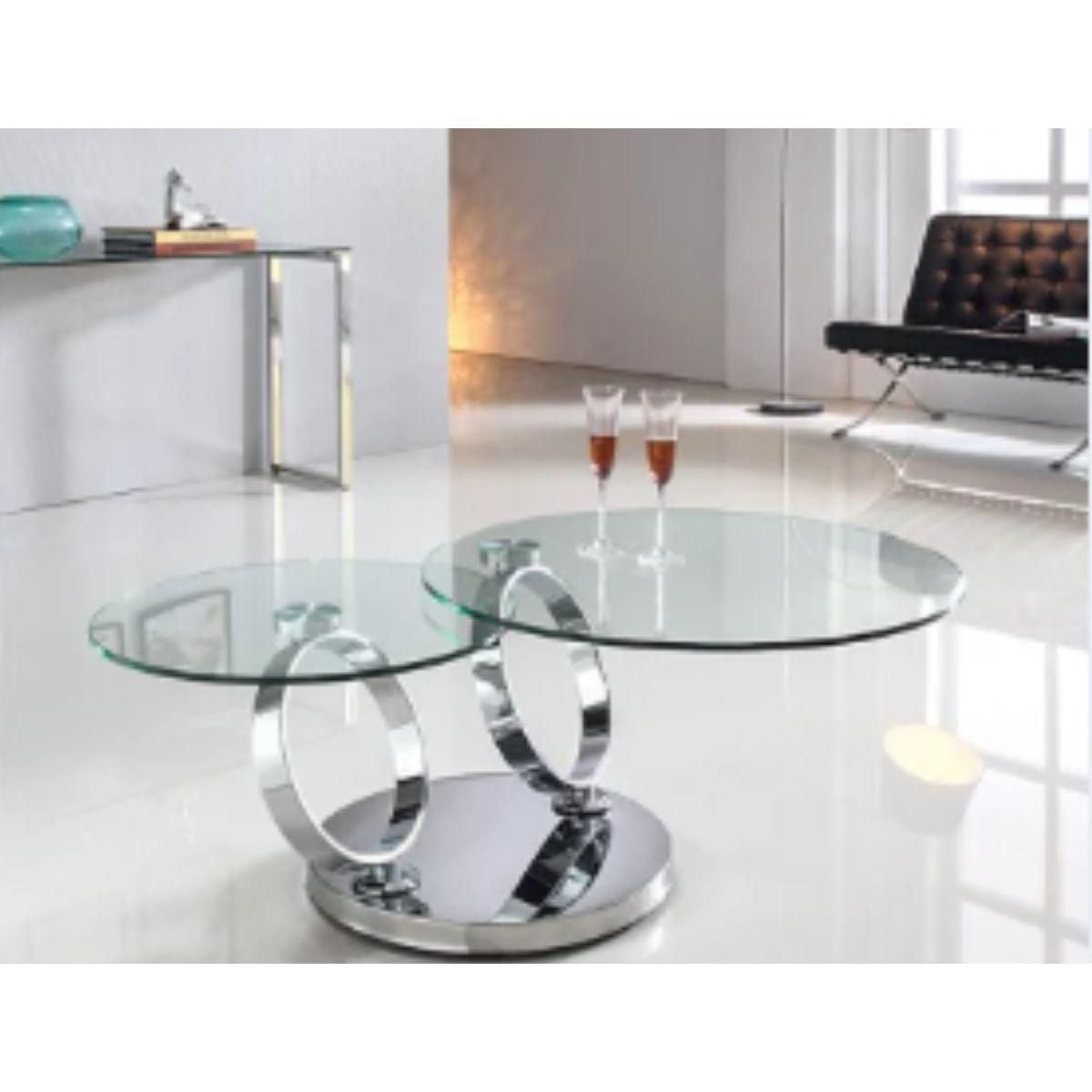 Table basse Hovan avec plateau en verre transparent et base élégante en acier inoxydable