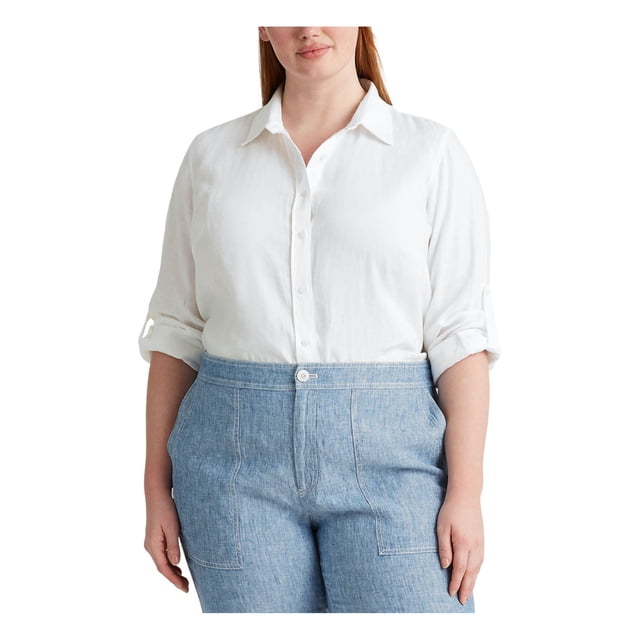 LAUREN RALPH LAUREN Chemisier à Manches à Languettes Roulées Blanc pour Femmes à Col Pointu Boutonné Grande Taille3X
