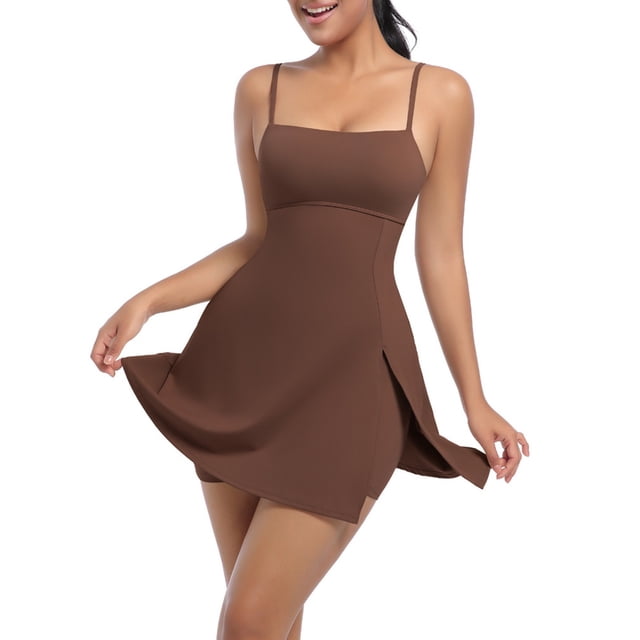 LOVZFMLL Women's Round Neck Loose Dress Coffee M