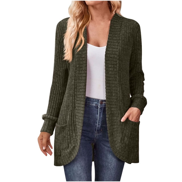 Yuyuzo Womens Cardigan Long Sleeve Open Front Ribbed Knit Tops Fall Casual Outwear Solid Color with Pockets. This XX-Large cardigan features a ribbed knit texture, open front design, and long sleeves. It includes two front pockets for convenience and is made of thick, soft, and warm fabric, ideal for fall and winter. The model pairs it with a white tank top and blue jeans.