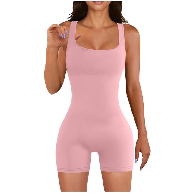 AherBiu Workout Bodysuits for Women Square Neck Sleeveless Compression Gym Yoga Short Jumpsuits Rompers