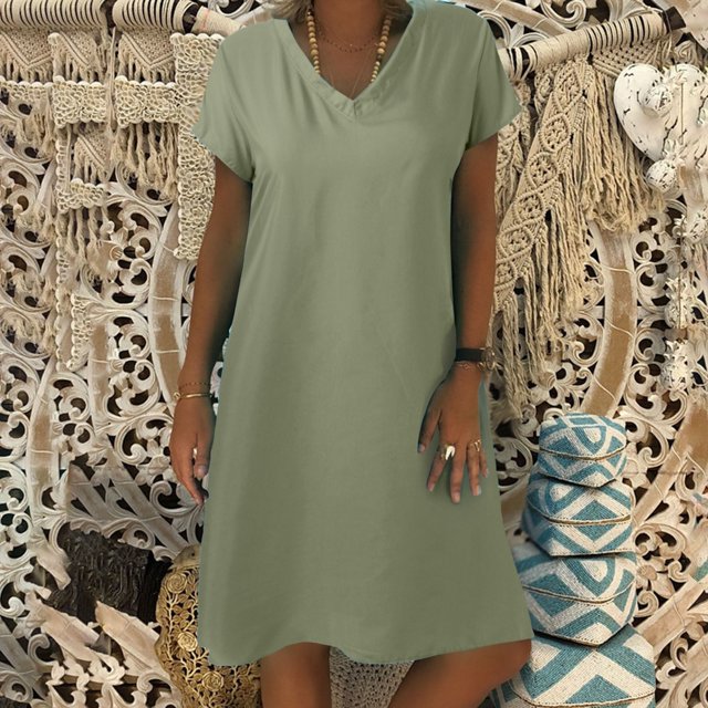 WILLBEST Robe d'Été Formelle pour Invité de Mariage d'Automne Dresses Robe en Lin pour Femmes Dresses Décontractée Col en V Robe Midi Manches Courtes Robe Ligne A Robe de Plage Sans Accessoires