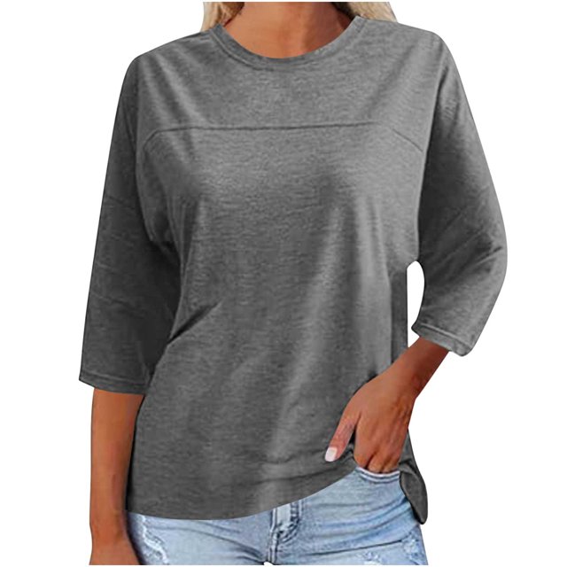 Plebaso T-Shirts Décontractés pour Femmes à Manches 3/4, Col Rond, Tuniques Amples, Hauts Unis, Chemisiers d'Été, Tee pour Femmes