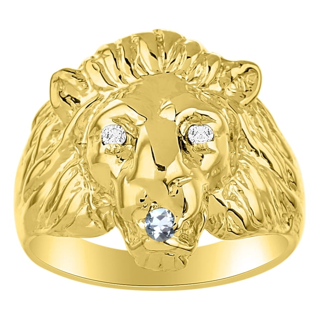 RYLOS Rings Gold Plated Silver Lion Head Ring Diamonds in Eyes & Gemstone Mouth Fun Designer Rings Blue Topaz Jewelry Size 9