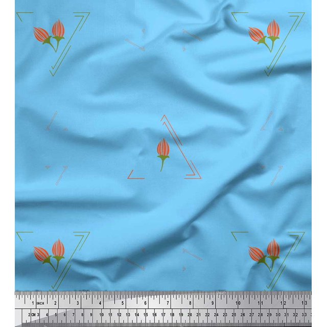 Soimoi Blue Cotton Voile Fabric Flower Buds & Triangle Geometric Decor Fabric Printed Yard 56 Inch Wide