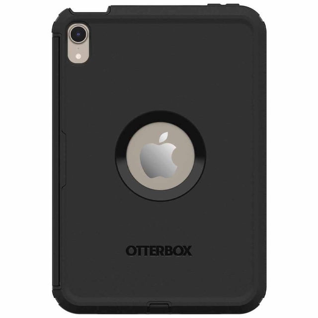 Otterbox Defender Pro Pack iPad mini 6 Black featuring a rugged black multi-layer protective tablet case with a circular cutout showing the Apple logo, textured finish, OtterBox branding, and designed to guard against drops, dirt, and scratches.