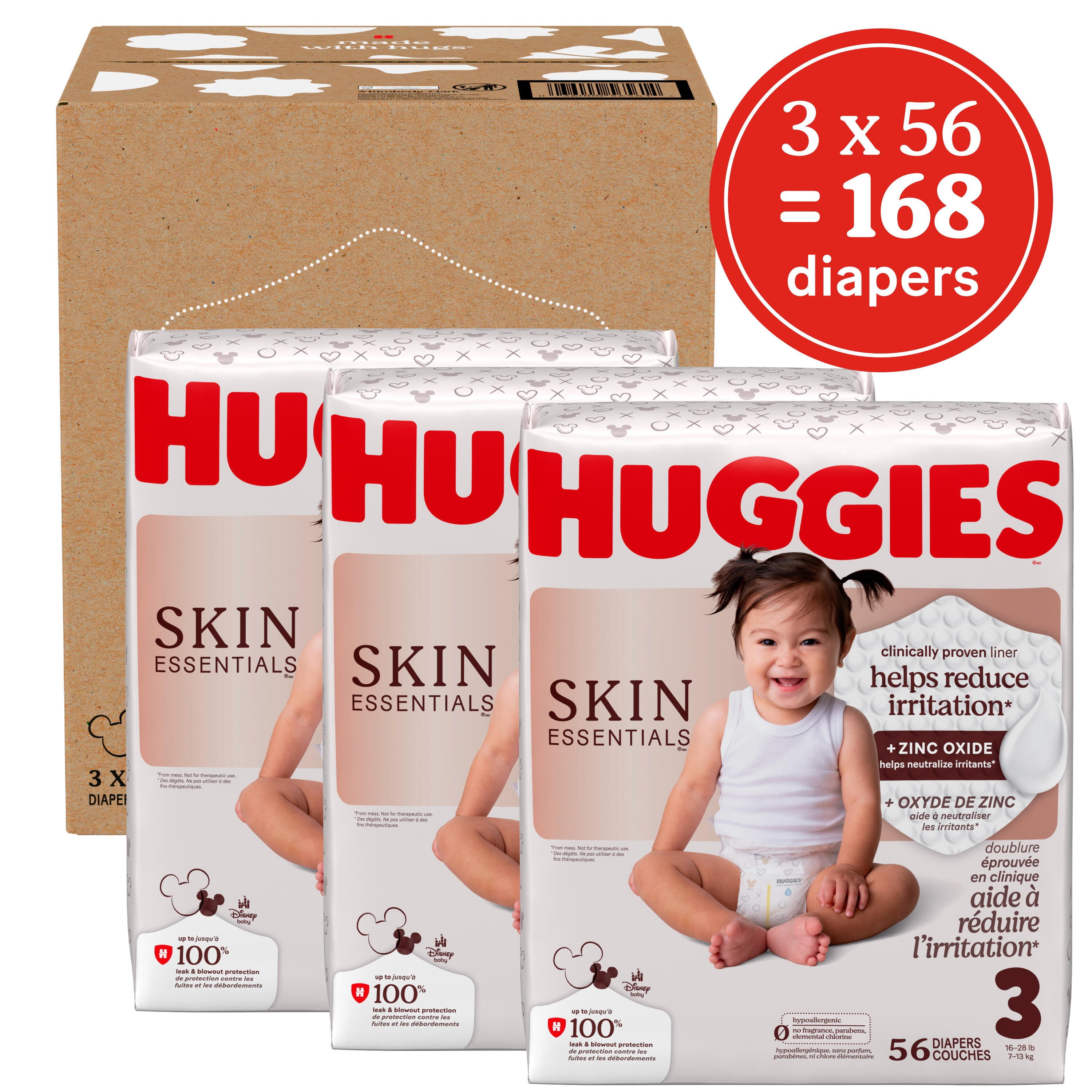 Huggies Skin Essentials Baby Diapers, Size 3 (16-28 lbs), 168 Count