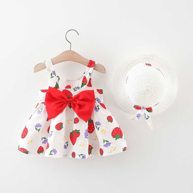 Robe Nouveau-Né Robe Bébé Fille Tutu Robe Sans Manches Fille Robe d'Été avec Chapeaux Deux Pièces Tenues Bébé Fille 1-2 Ans