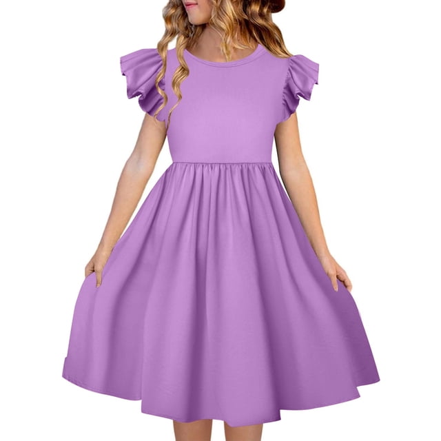 FhsagQ Robes pour Filles Enfants Filles Manches Volantées Col Rond Robes Enfants Été Robe à Manches à Volants Petite Fille le 7 Juillet Robes Taille 10 Printemps Violet 5-6 Ans
