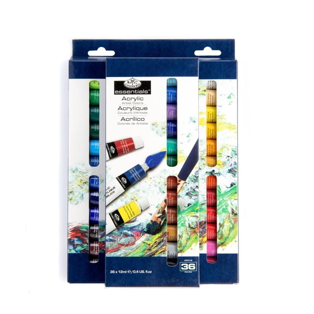 Royal & Langnickel - Essentials 12ml Acrylic Paint Set, 36 Colors front-facing flat-lay of 36 labeled 12ml tubes arranged in rows; tubes show Royal & Langnickel branding and printed color names, includes metallic gold and silver; product notes smooth, thick acrylic consistency per specs; studio tabletop background; suitable for canvas, paper and mixed-media; often used for craft projects.