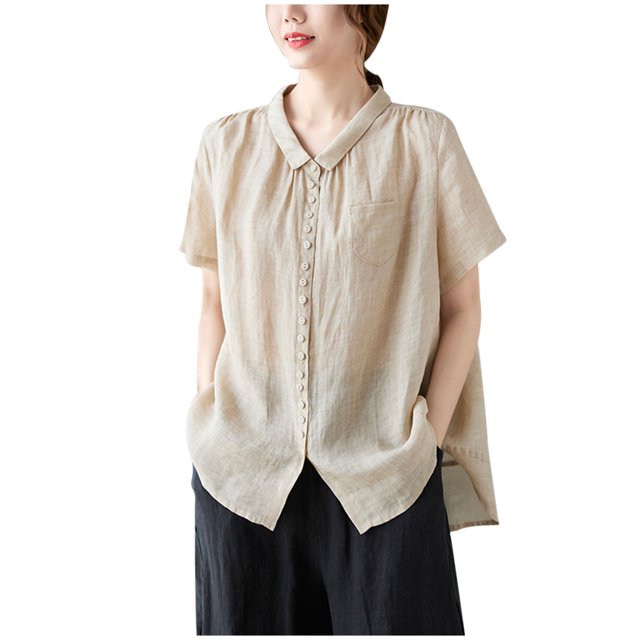 Timegard Hauts pour Femmes en Coton et Lin Col Montant Froncé Manches Courtes Blouse Boutonnée Décontractée Ample Hauts
