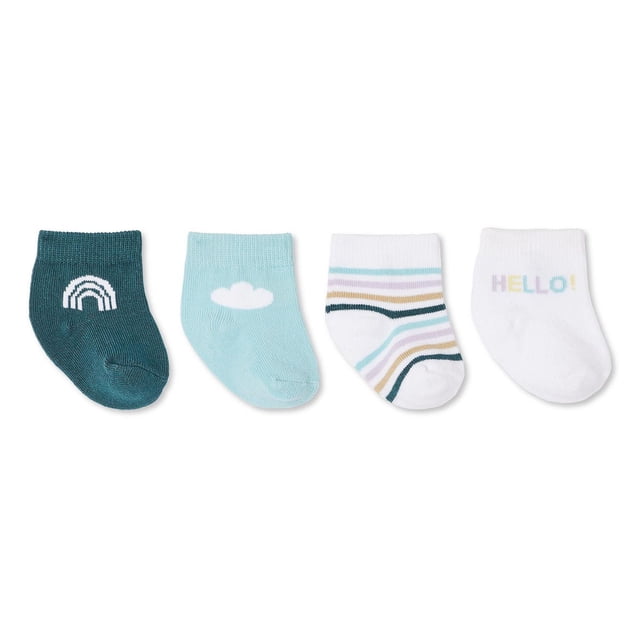George infants' gender inclusive socks 4-pack with four knit pairs featuring ribbed cuffs: dark teal with white rainbow, light blue with white cloud, white with pastel stripes, and white with multicolored 'HELLO!' text, soft and comfortable for all-day wear.