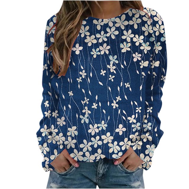 RKSTN Chandails à Manches Longues pour Femmes Mode à Imprimé Floral Décontracté Hauts à Manches Longues à Col Rond Coupe Ample Chandail Blouse
