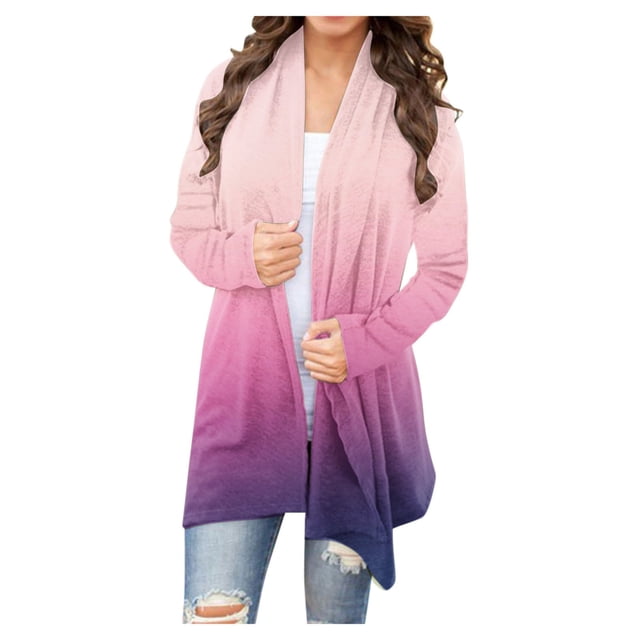 Yuyuzo Long Cardigan for Women Gradient Color Open Front Draped Tops Fall Winter Casual Cardigan