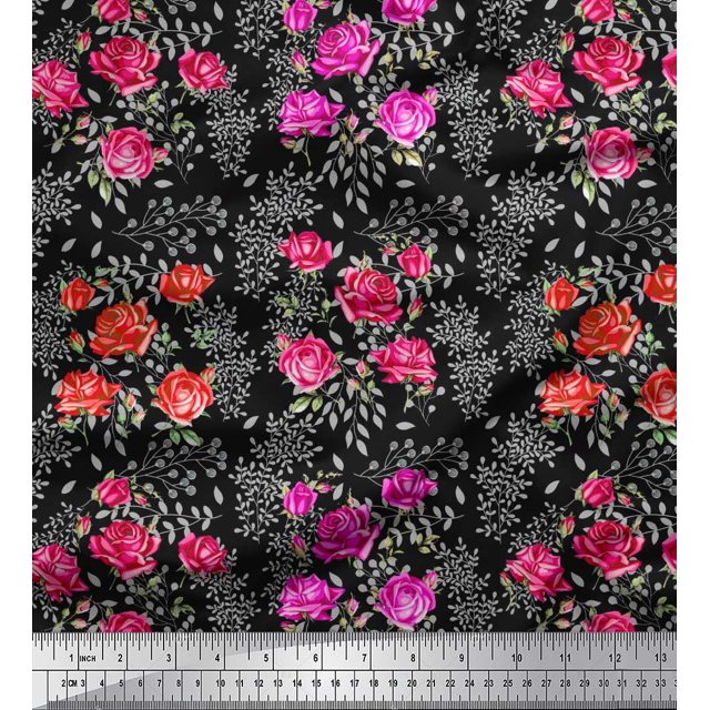 Soimoi Poly Georgette Fabric Leaves & Rose Floral Print Fabric by Yard 52 Inch Wide