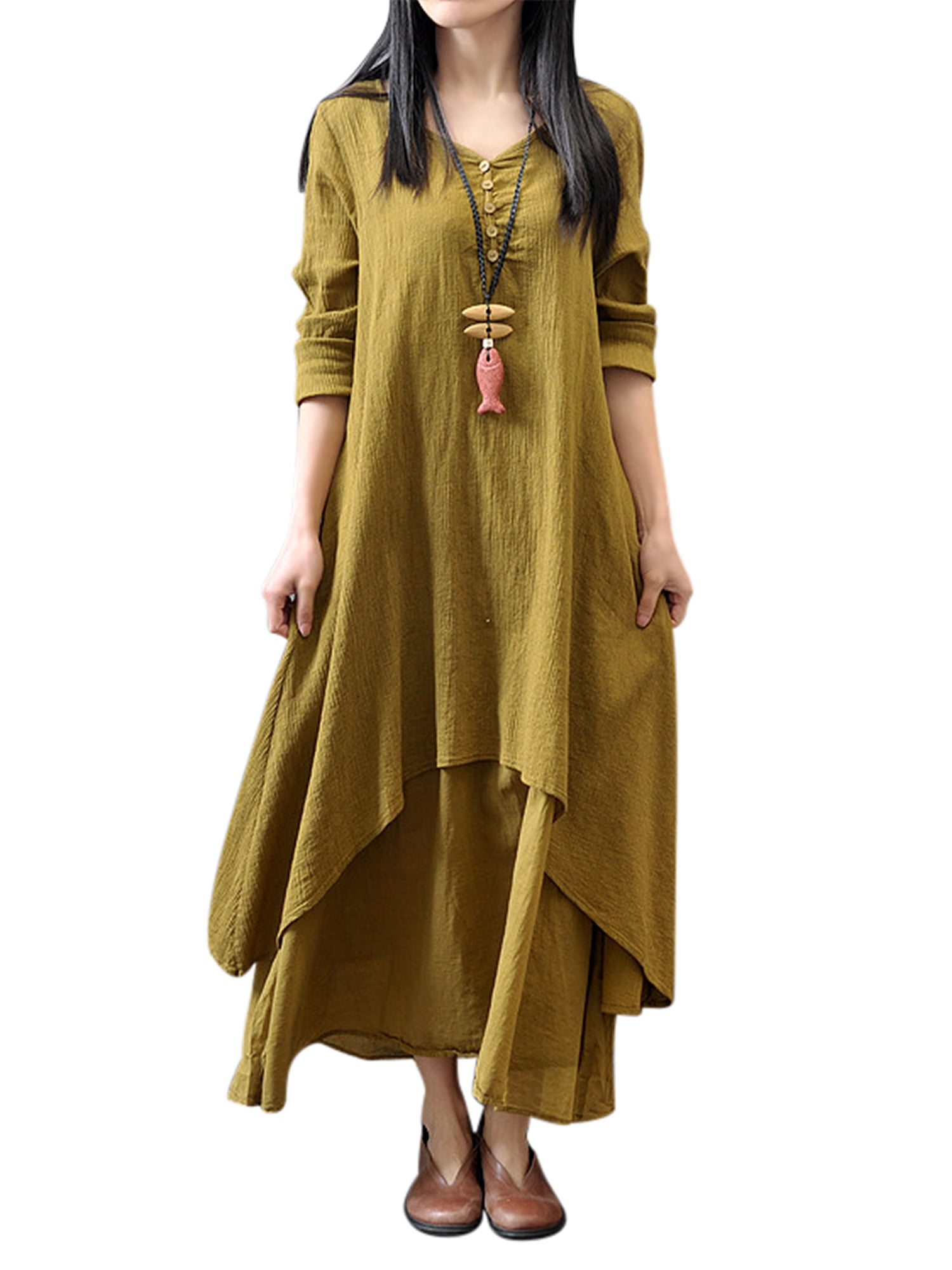 HIMONE Long Sleeve Solid Color Tunic Dress For Lady V-Neck Button Down Maxi Dress Womens Ruffle Pleated T Shirt Dress Irregular Hem Fake Two Piece Dress Plus Size