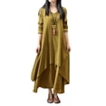 thumbnail image 1 of HIMONE Long Sleeve Solid Color Tunic Dress For Lady V-Neck Button Down Maxi Dress Womens Ruffle Pleated T Shirt Dress Irregular Hem Fake Two Piece Dress Plus Size, 1 of 2