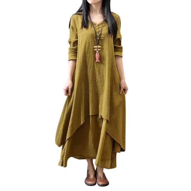 HIMONE Long Sleeve Solid Color Tunic Dress For Lady V-Neck Button Down Maxi Dress Womens Ruffle Pleated T Shirt Dress Irregular Hem Fake Two Piece Dress Plus Size