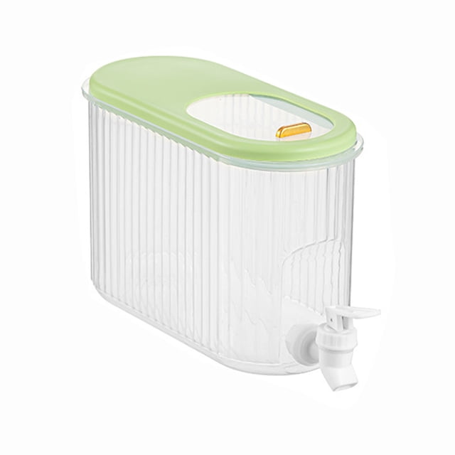 3.5L Cold Kettle with Faucet designed for refrigerator use, featuring a transparent ribbed body with a green lid and a white faucet. Made of food-grade PP material, it is suitable for serving iced beverages like lemonade or fruit tea at home, in the kitchen, or during parties. Dimensions are 30x17x11cm.