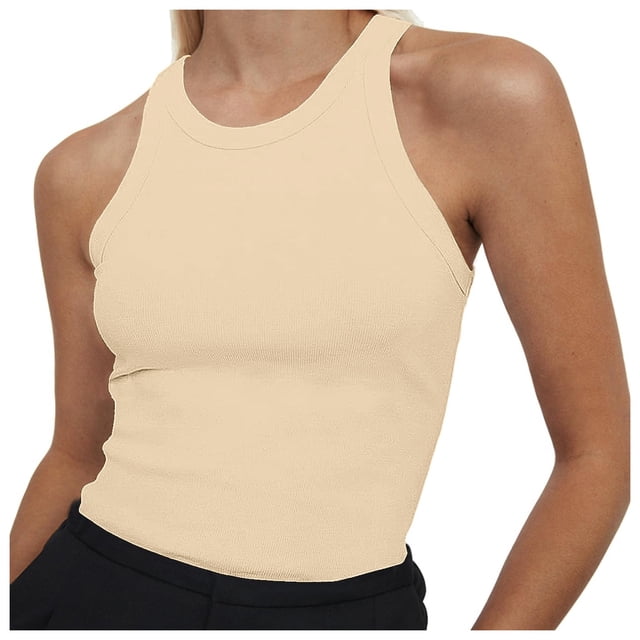MIASHUI Women's Tops Sleeveless Full Length Ribbed Basic Tank Top Women Clothing,Beige,XS