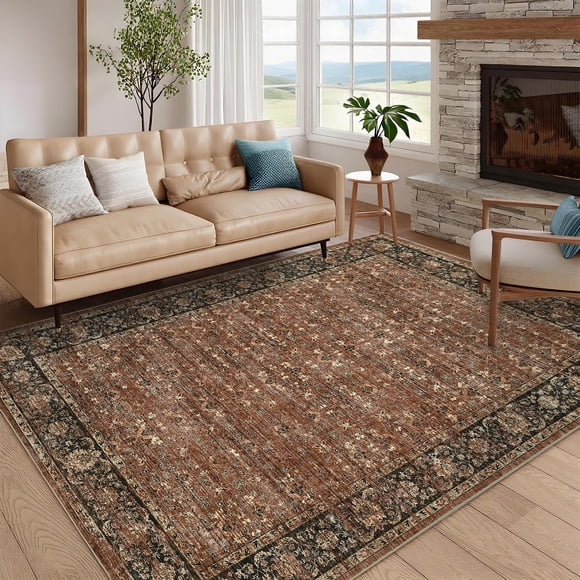 Washable Living Room Area Rug, 10x13 Rugs for Bedroom Extra Large Vintage Distressed Floral Non Slip Low Pile Stain Resistant Farmhouse Carpet for Dining Room Nursery Playroom, Brick Brown