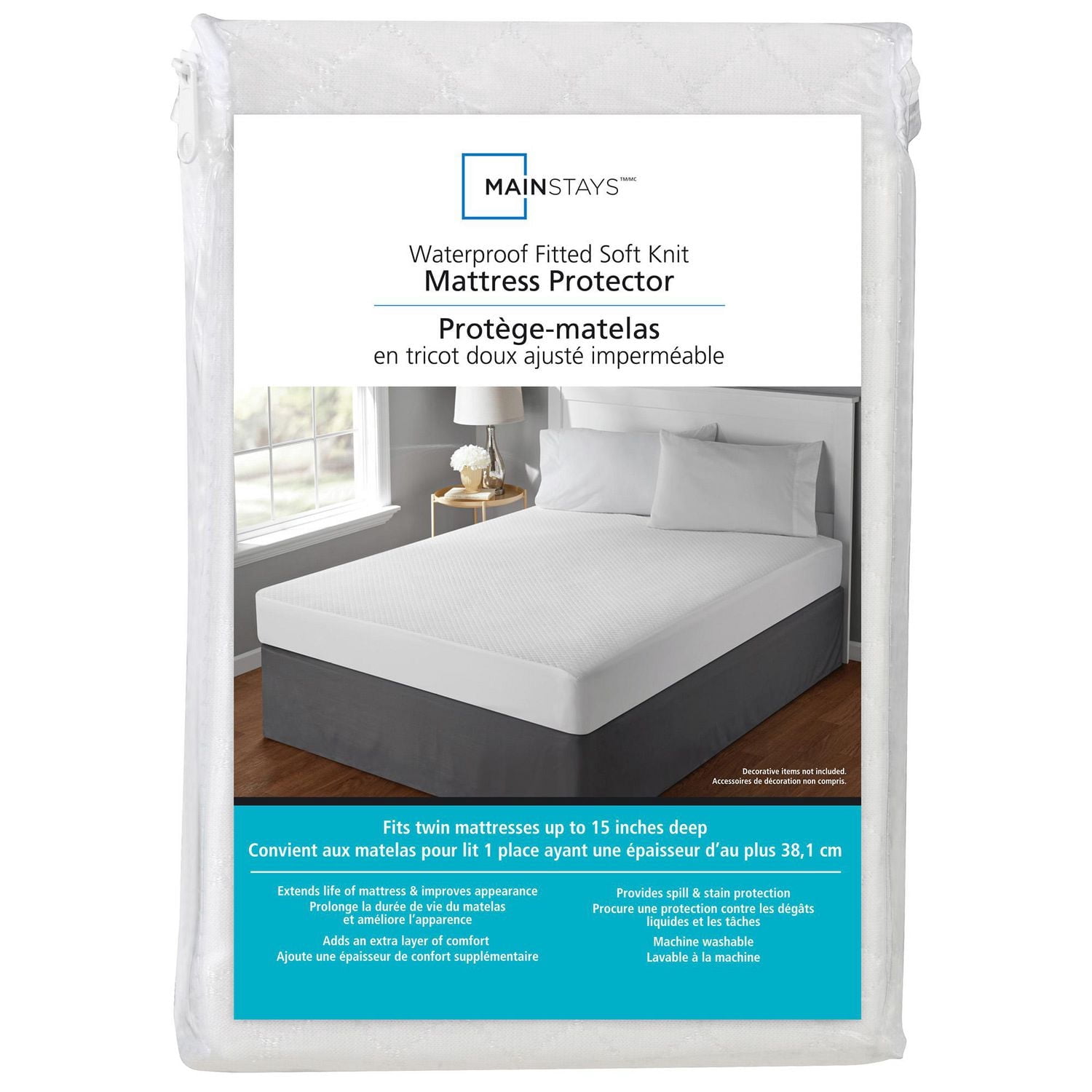Mainstays Protège-matelas imperméable en tricot doux, Double – Ajusté
