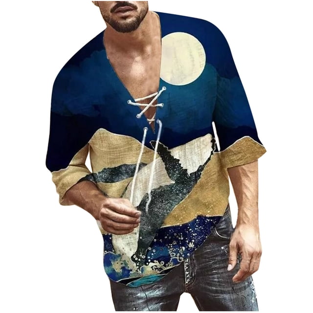 Fankiway T-Shirt Décontracté à Manches Courtes Imprimé pour Homme, Chemise Présentant une Impression Abstraite unique avec un Motif de Lune et de Paysage dans des Tons Bleu, beige et Blanc. la Chemise a un Col en V à Lacets, des Manches Courtes et une Coupe Décontractée. Fabriquée en Tissu polyester Léger, Elle Convient aux occasions Décontractées comme les Fêtes, les Vacances Ou le Port Quotidien. Affichée en Taille TTG.