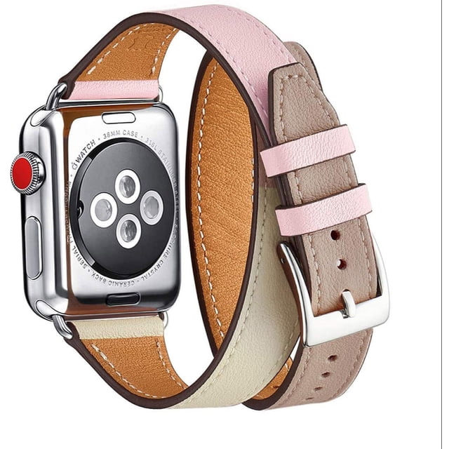 DAMAIE Band Compatible For Apple Watch 42mm , Genuine Leather Double Tour Designed Slim Replacement Iwatch Strap For Iwatch Series 4 3 2 1 (Pink/Ivorywhite Band+Silver Adapter, 42mm )