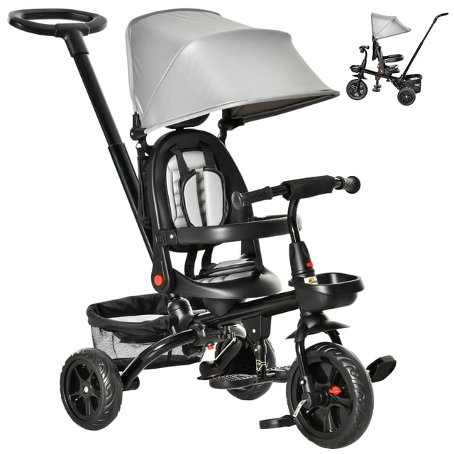 Qaba Tricycle pour Bébé 4 en 1 Tricycle avec Siège Réversible à Angle Ajustable Poignée Amovible Auvent Main Courante Ceinture Rangement Repose-Pieds Frein Embrayage pour 1-5 Ans Gris