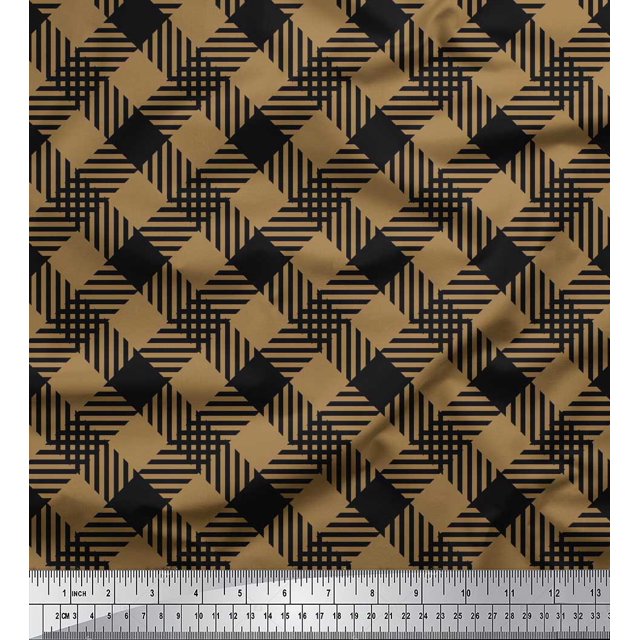 Soimoi Brown Japan Crepe Satin Fabric Diagonal Check Print Fabric by Yard 42 Inch Wide