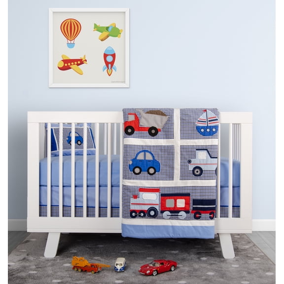 BabyFad Transport 9 Piece Baby Boy Crib Bedding Set with Musical Mobile – Cars, Trucks, Trains & Planes, 100% Cotton, Soft Blue Nursery Decor