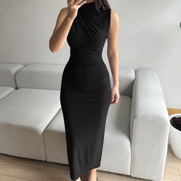 LOVZFMLL Dresses Women Ladies' Sleeveless High Neck Pleated Slim Cut Slit Dress