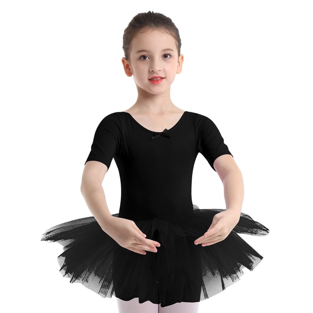 inhzoy Robe Tutu de Danse Ballet pour Filles Manches Courtes Justaucorps Combinaison de Gymnastique Performance de Scène Noir 4TG